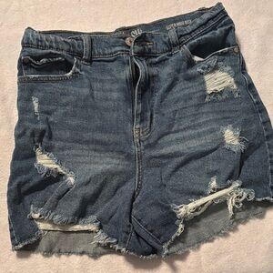 Rewash Distressed Dark Blue High-Rise Jean Shorts